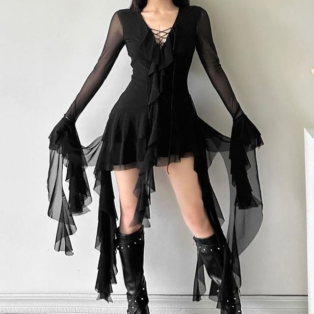 Autuna - Long-Sleeve V-Neck Mesh Asymmetrical A-Line Dress | YesStyle