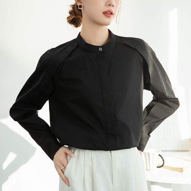 Dragan Pulse-Long-Sleeve Stand Collar Plain Shirt
