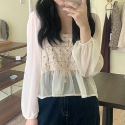 Duwnie - Long-Sleeve Knit Panel Chiffon Peplum Top Duwnie - Long-Sleeve Knit Panel Chiffon Peplum Top