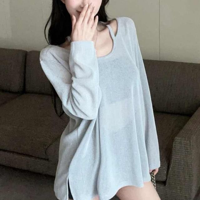 GOUB-Long-Sleeve Asymmetrical Cold Shoulder Plain Top