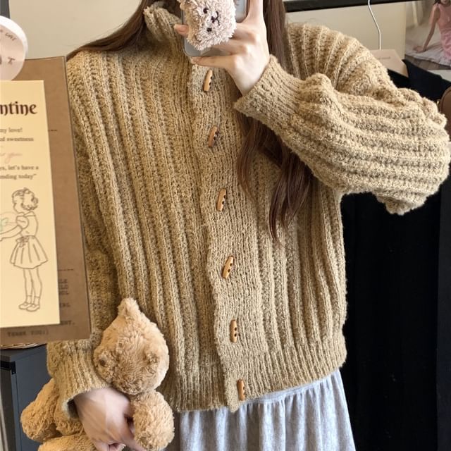 Beem-Turtleneck Chunky Knit Plain Cardigan