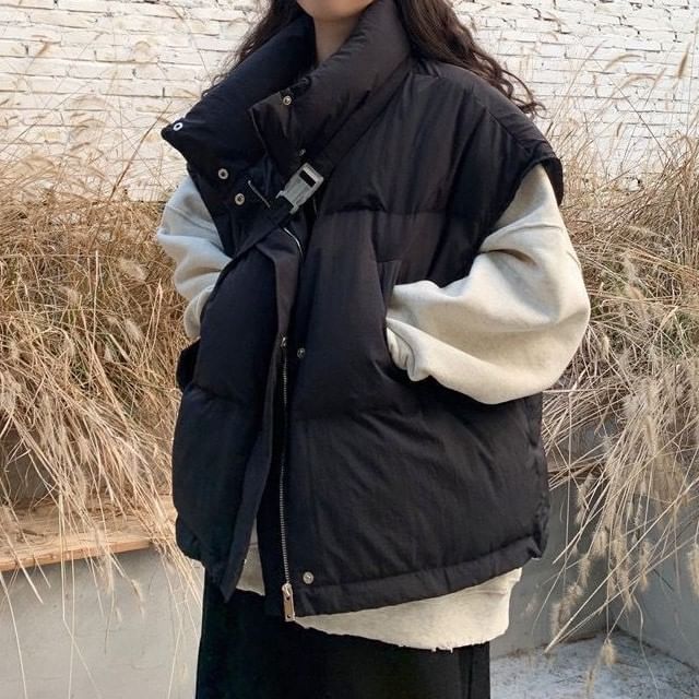 Acoustic Rain-Stand Collar Plain Padded Zip Vest