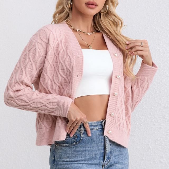 Allinya-V-Neck Plain Cardigan