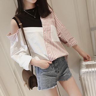 Happo-Stripe Panel Mock Two-Piece Long-Sleeve Shirt