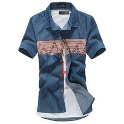 Free Shop - Embroidered Striped-Panel Denim Shirt
