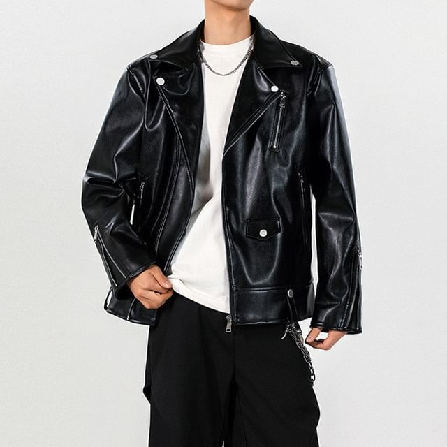 Omozando-Plain Faux Leather Zip Biker Jacket