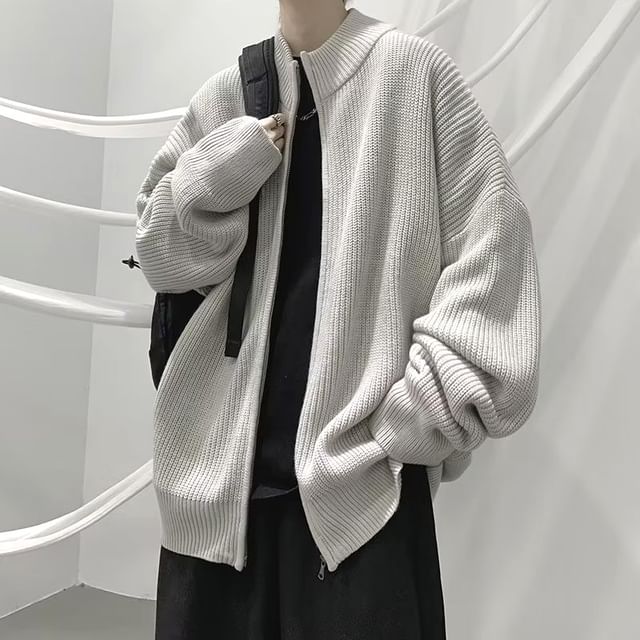 Blueforce-Stand Collar Plain Oversized Zip Up Knit Cardigan
