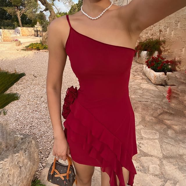 Alizio - Spaghetti Strap One Shoulder Plain Ruffled Mini Bodycon Dress |  YesStyle