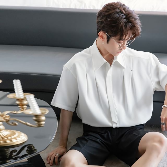 CHIC ERRO-Elbow-Sleeve Button-Up Plain Shirt
