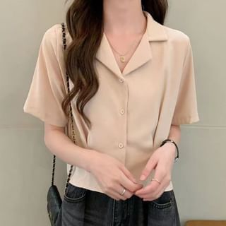 Sisyphi-Elbow-Sleeve Lapel Collar Plain Button-Up Crop Blouse