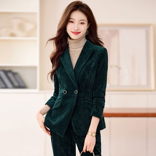 Skyheart-Peak Lapel Plain Double-Breasted Blazer High Waist Flared Pants Set