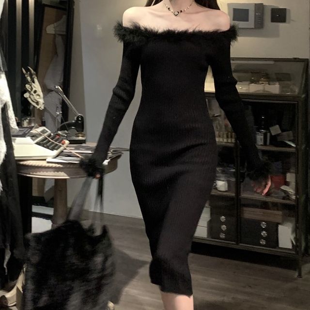 Beem - Long-Sleeve Off Shoulder Plain Fluffy Midi Sheath Dress | YesStyle