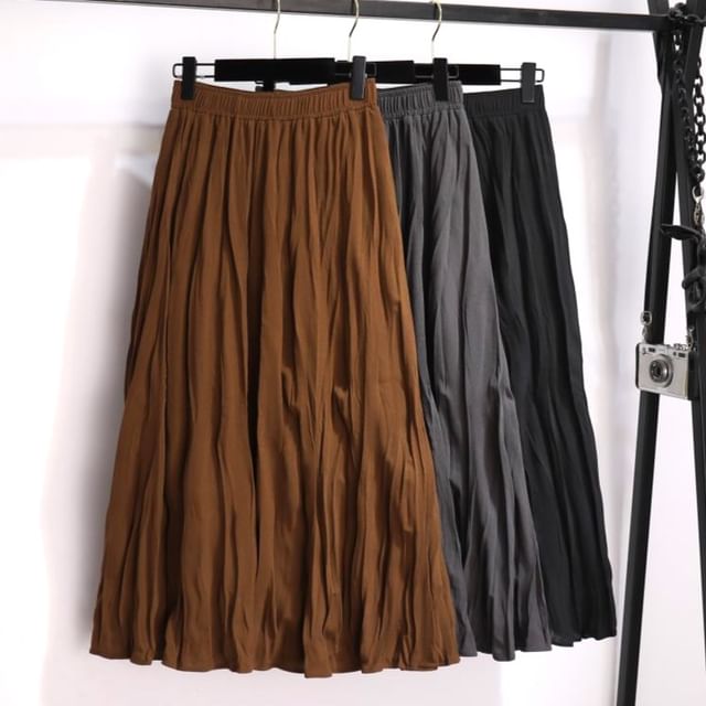 DIYI-High Waist Plain Maxi A-Line Skirt