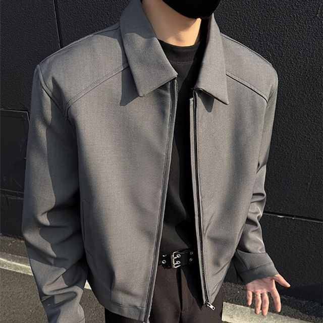 Vernanah-Collared Zip-Up Plain Jacket