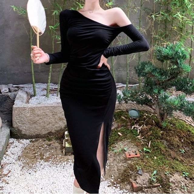 Morning Glory - Long-Sleeve One-Shoulder Plain Slit Midi Bodycon Dress | YesStyle Morning Glory - Long-Sleeve One-Shoulder Plain Slit Midi Bodycon Dress | YesStyle