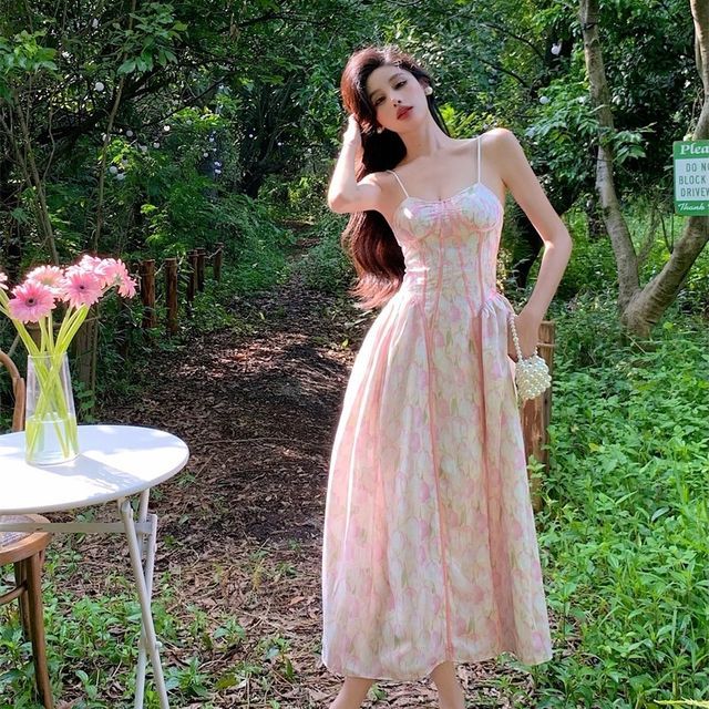 knee length dresses for ladies PLUS SIZE SPAGHETTI STRAP FLORAL MIDI DRESS