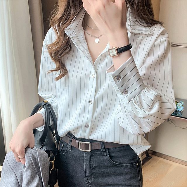 Inchioh-Long-Sleeve Pinstriped Shirt
