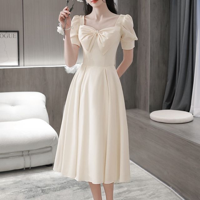white christmas dresses Simple Ivory Satin Off-the-Shoulder Sheath Short Bridesmaid Dresses, MBD256