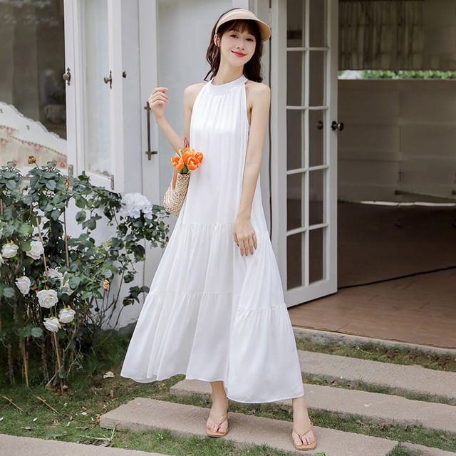 Moanum-Sleeveless Plain Maxi A-Line Dress