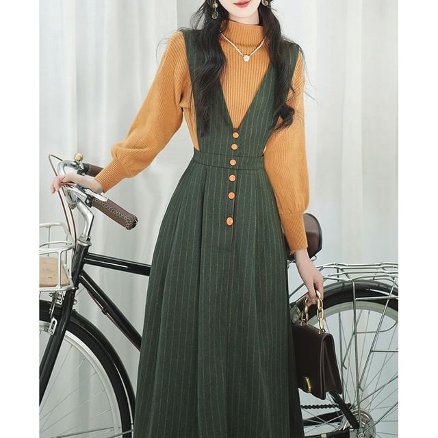 Omibayo-Set Mock Neck Plain Ribbed Sweater V-Neck Striped Button Midi A-Line Overall Dress