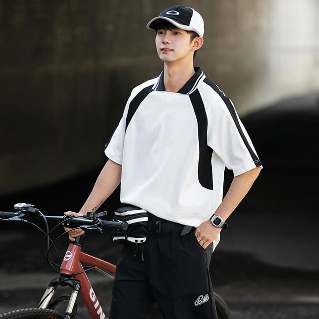 YERGO-Short Sleeve Collared Two Tone Panel T-Shirt