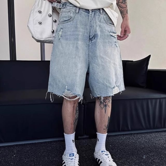 Naideth-Mid Rise Washed Distressed Denim Shorts