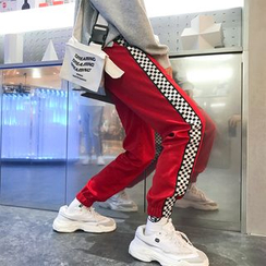 Chuoku - ペアルック チェック柄パネルスウェットパンツ Chuoku - ペアルック チェック柄パネルスウェットパンツ