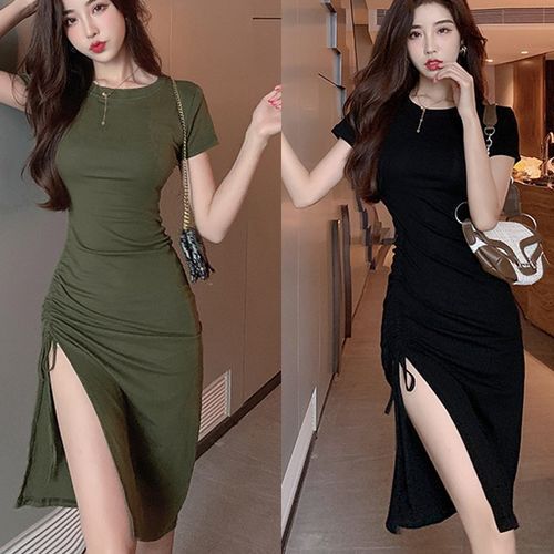 Crew neck asymmetric hem plain short 2025 sleeve bodycon dresses