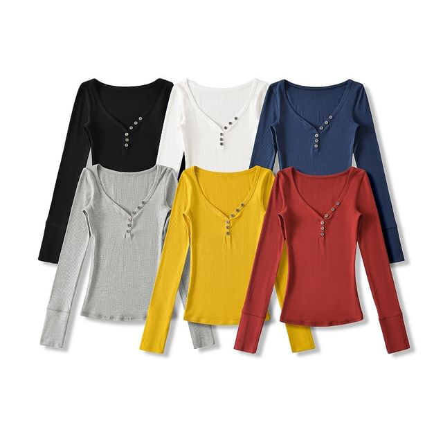 Hollahop-Long Sleeve V-Neck Plain Button Down Ribbed Knit Top