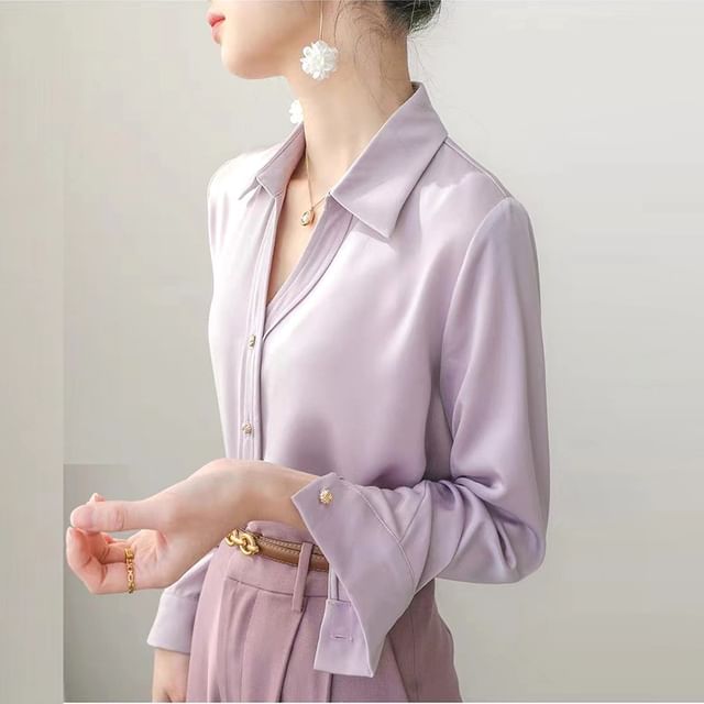 Coline-Long-Sleeve V-Neck Collared Plain Button-Up Blouse