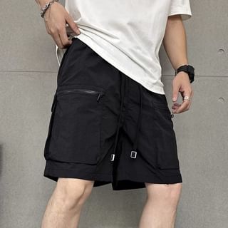 WidoWilder-Drawstring Waist Plain Wide Leg Cargo Shorts