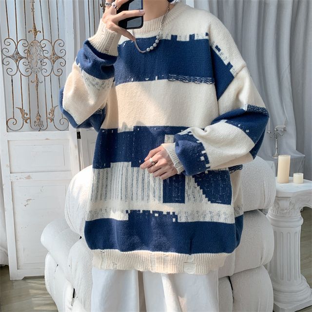 emeisa-Crew Neck Two Tone Distressed Oversized Sweater