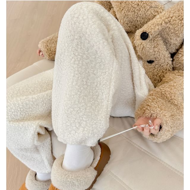 evanesce-Drawstring High Waist Plain Fleece Wide Leg Pants