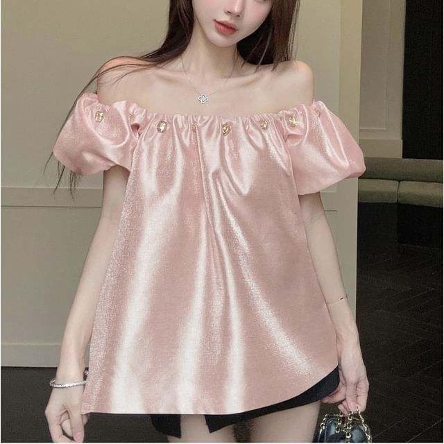 Whoosh-Puff-Sleeve Off-Shoulder Glitter Rhinestone Blouse