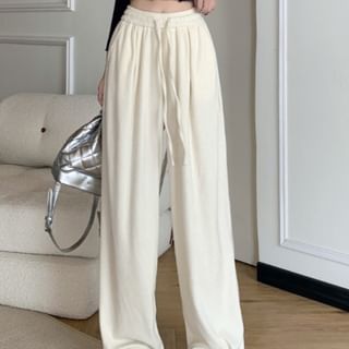 Beem-Drawstring Waist Plain Wide Leg Pants