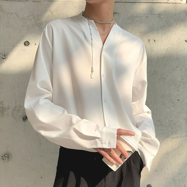 WidoWilder-Long-Sleeve Notch Neck Plain Button-Up Shirt