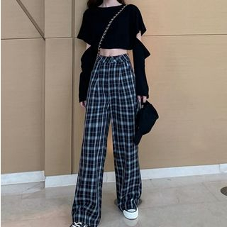 Tonni's Cut-Out Long-Sleeve Crop Top / Plaid Wide Leg Pants | YesStyle