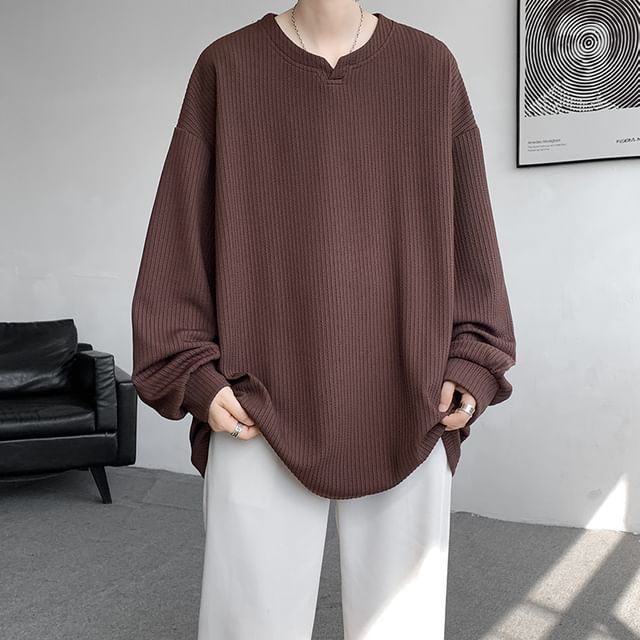 Freehop-Crewneck Ribbed Plain Sweatshirt