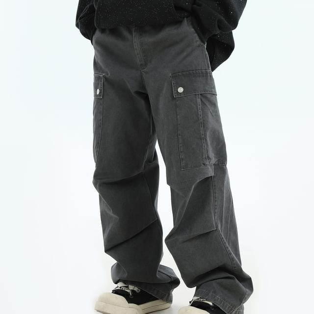 INStudio-High Waist Plain Wide Leg Cargo Pants