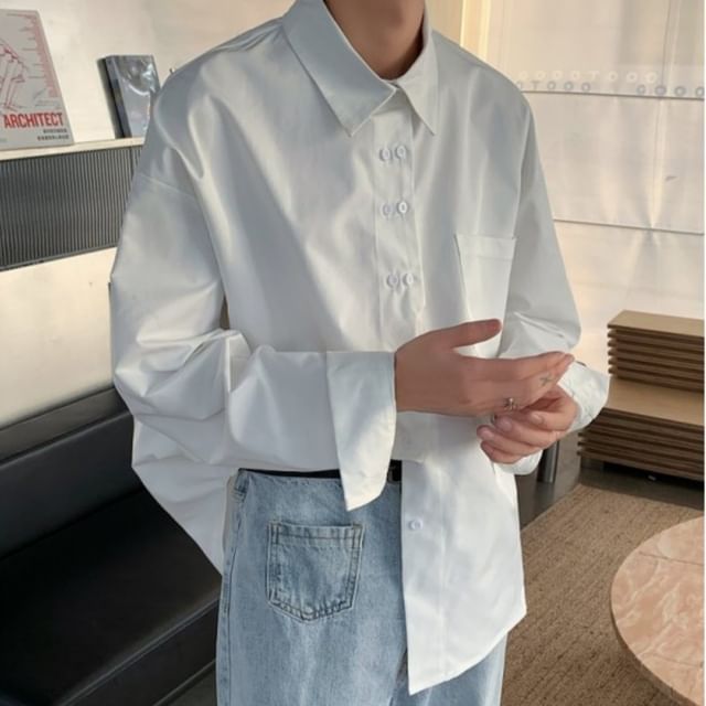 Freehop-Long-Sleeve Button-Up Plain Shirt