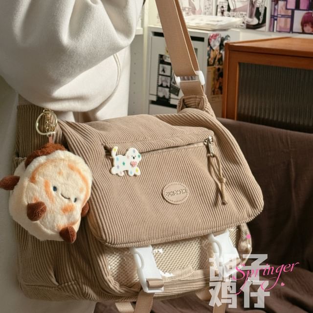 Anchara - Multi-Pocket Corduroy Messenger Bag / Bag Charm / Set | YesStyle