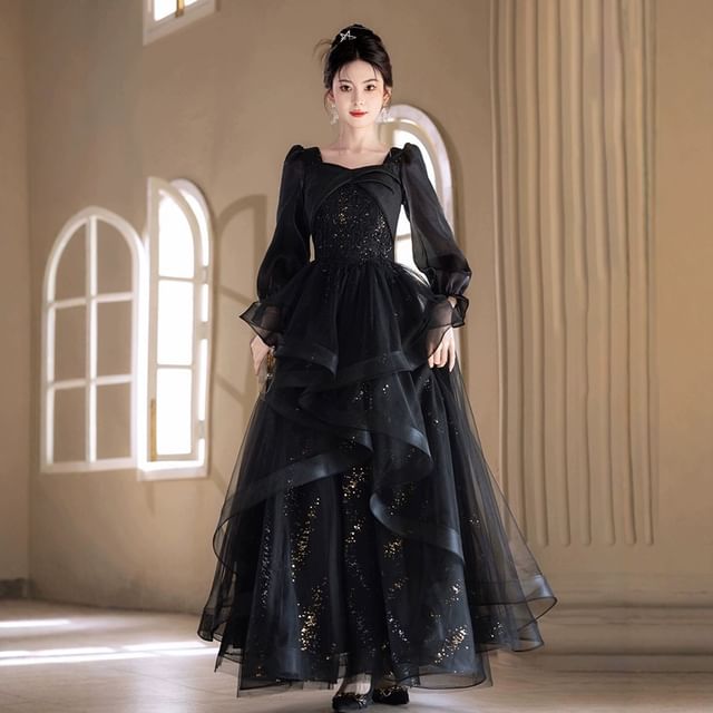 DreesHouse-Long Sleeve Square Neck Starry A-Line Evening Gown