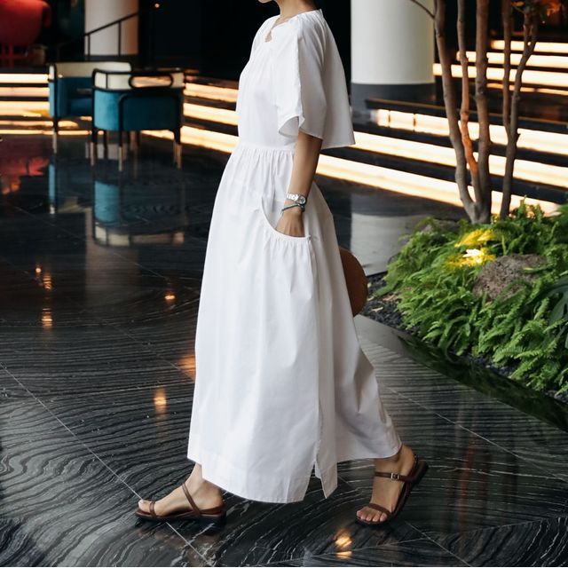 Elbow-Sleeve Crew Neck Plain Cutout Slit Maxi A-Line Dress