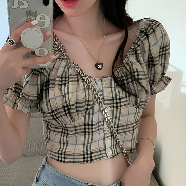 Maisee-Blouse courte boutonnée à carreaux bouffants