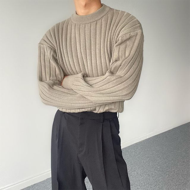 Okwano-Crew Neck Plain Ribbed Sweater