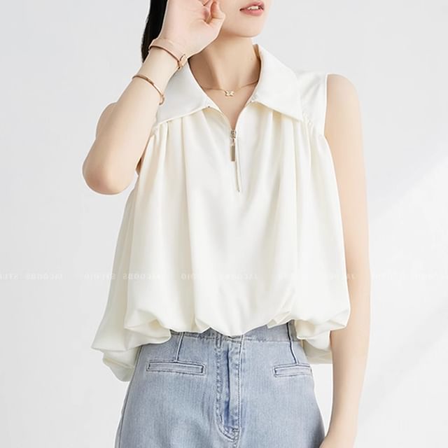Odestra-Sleeveless Half-Zip Plain Blouse