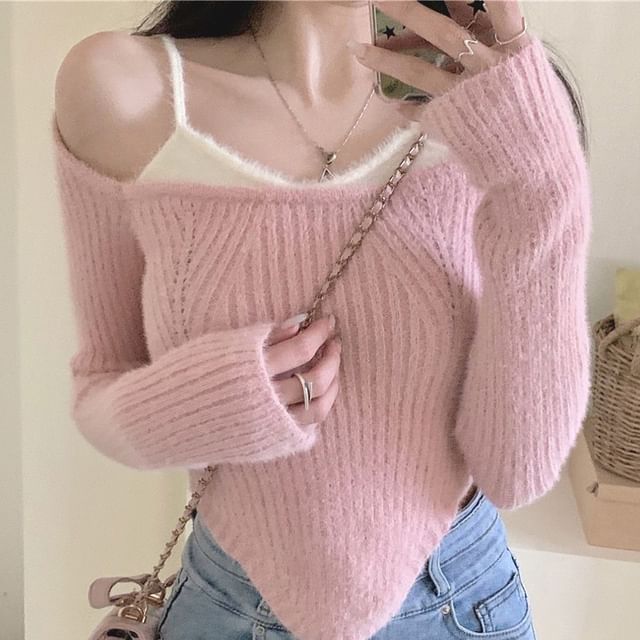 Cloud Nine-Long-Sleeve Cold Shoulder Mock Two-Piece Two Tone Slim Fit Crop Knit Top