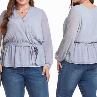tropibreeze-Long-Sleeve V-Neck Wrapped Plain Top