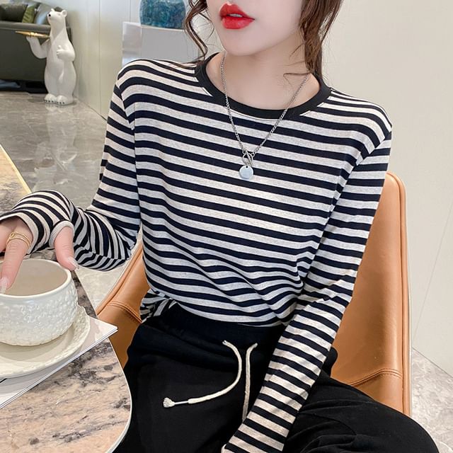Cloud Nine-Long-Sleeve Round Neck Striped T-Shirt