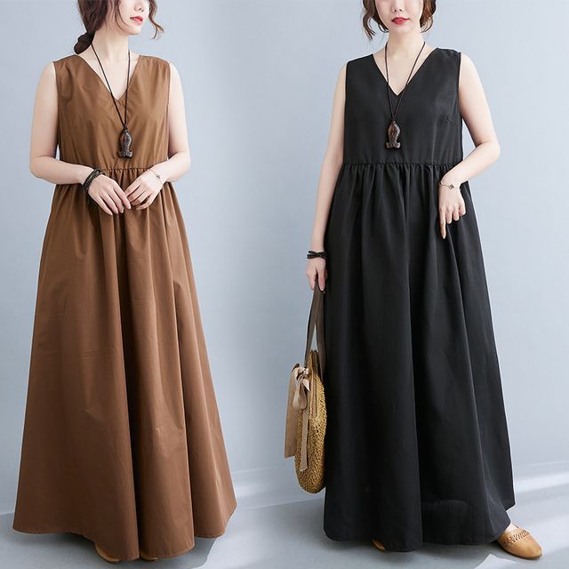 maxi dress solid Women's Solid Cotton Long Maxi Dress A-Line Casual Party Beach Tiered Sundress Free SIZE Black